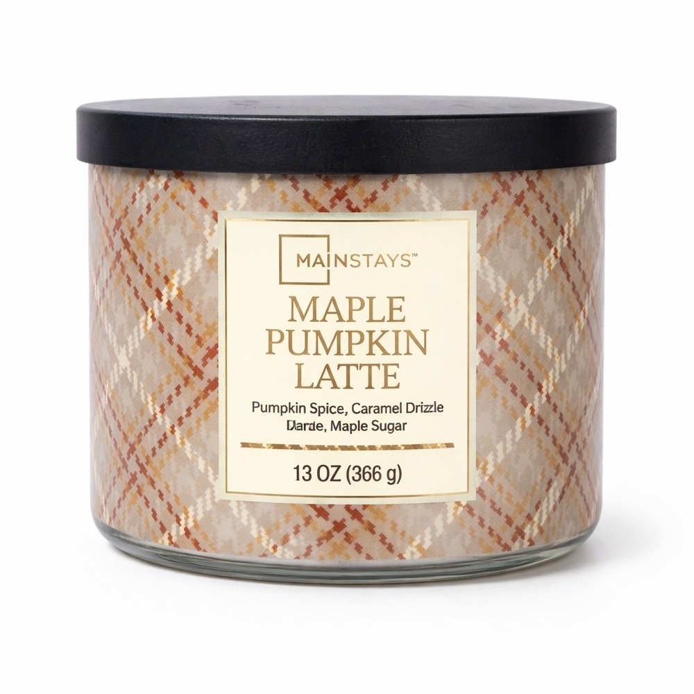 Mainstays Maple Pumpkin‎ Latte Candle 13oz 3 Wick Plaid Jar New